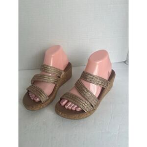 Skechers Beverley Arch Fit Sparkly Gold/Tan Wedge Slip On Strappy Sandals‎ 7